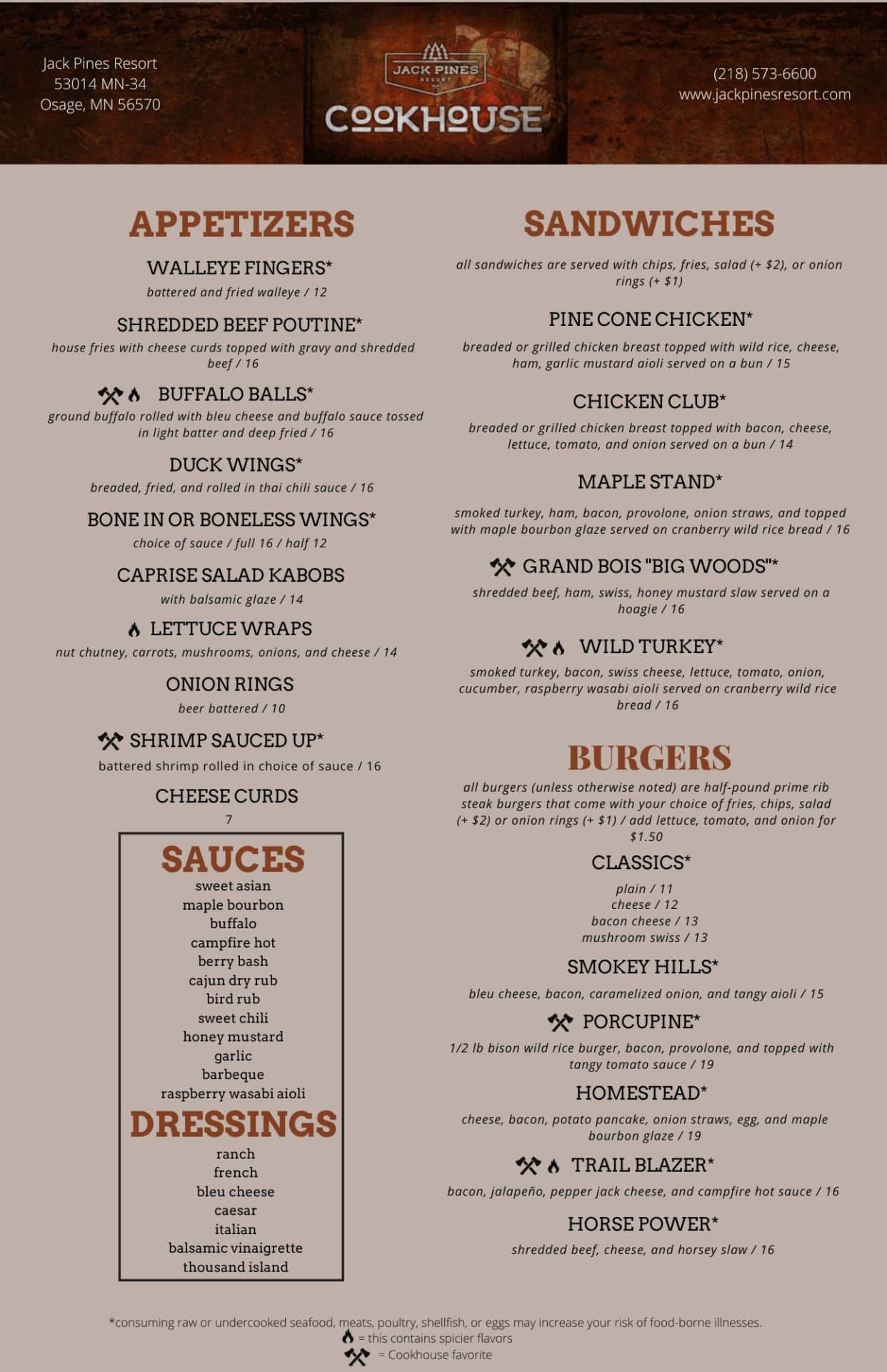 menu of jack pines cookhouse