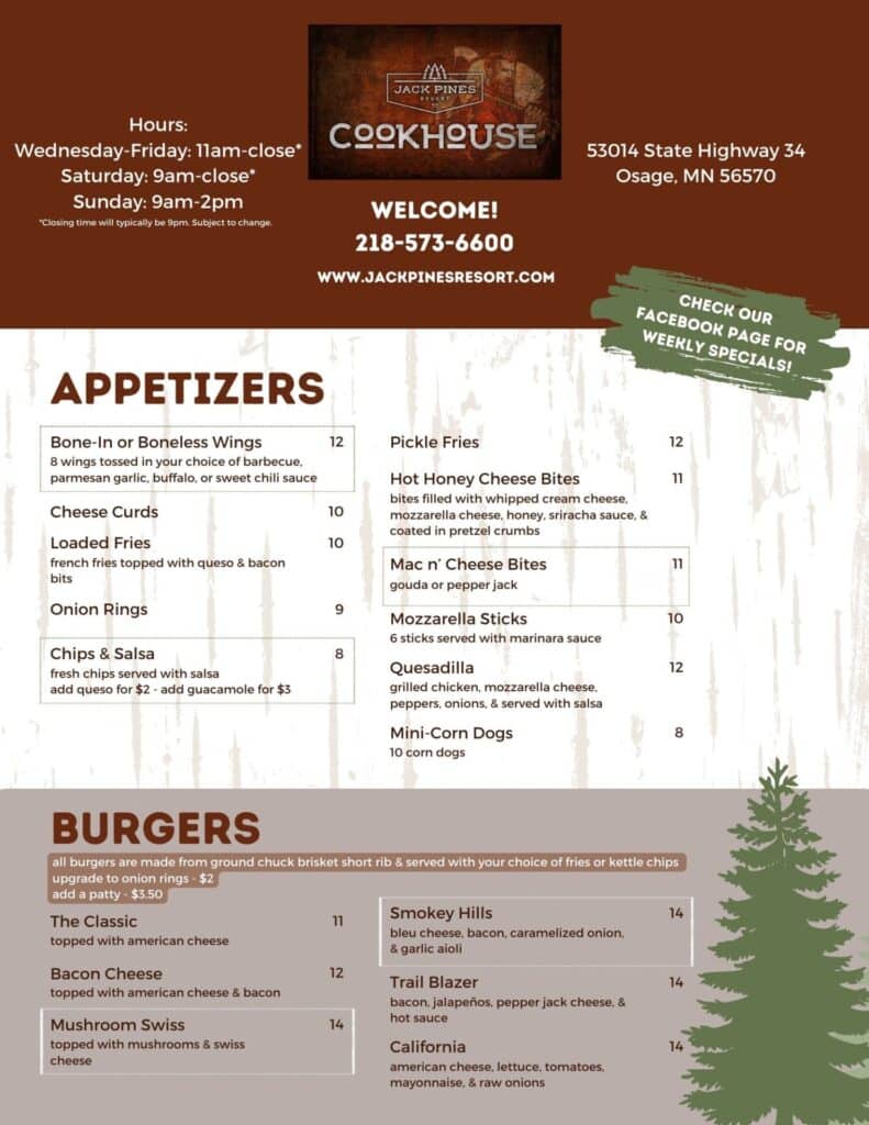 jack pines resort cookhouse menu